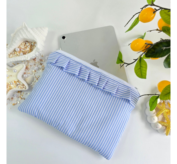 Blue striped Tablet sleeve with ruffles