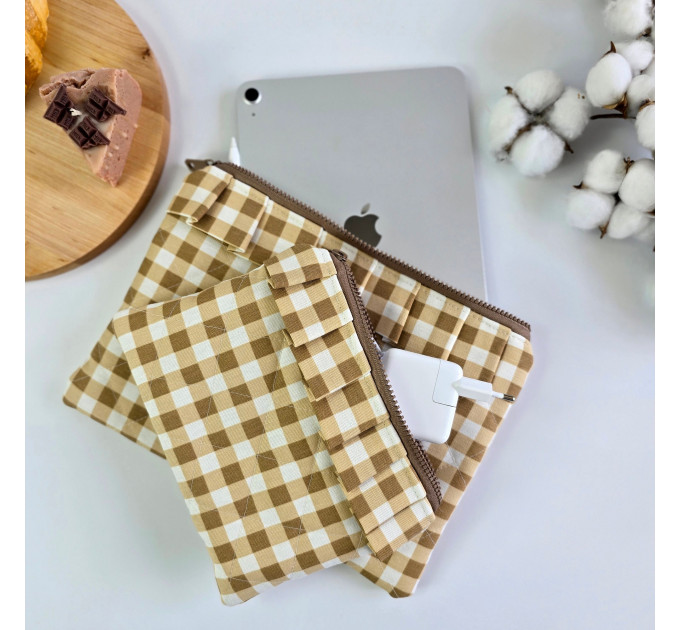 Latte vibe checkered brown Tablet sleeve with ruffles