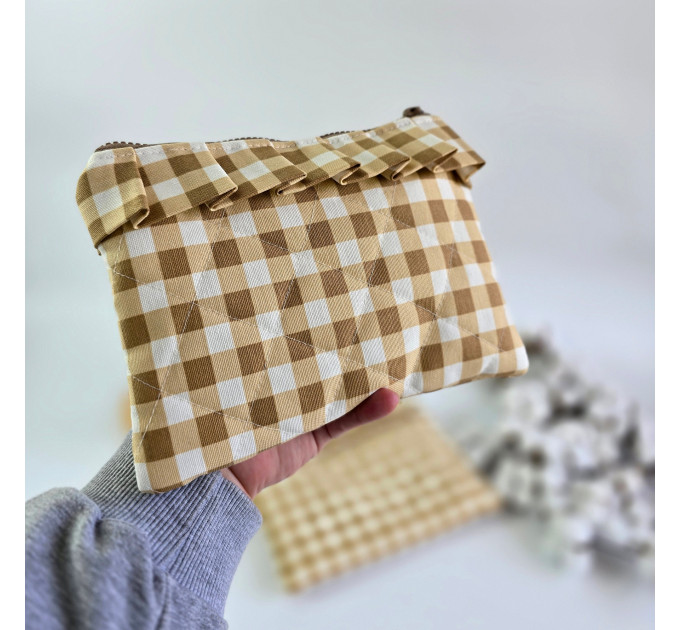 Latte vibe checkered brown Tablet sleeve with ruffles