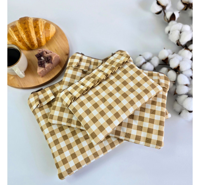 Latte vibe checkered brown Tablet sleeve with ruffles