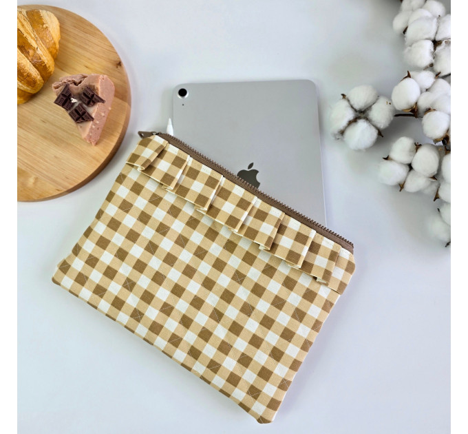 Latte vibe checkered brown Tablet sleeve with ruffles