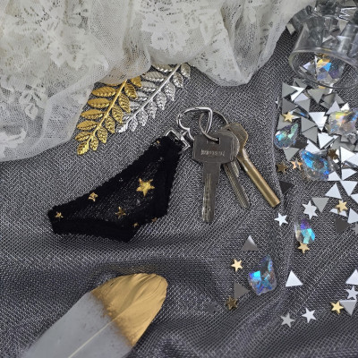 Black Mesh Panties Keychain with Gold Stars Black Mesh Panties Keychain with Gold Stars