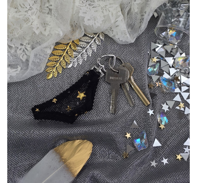 Black Mesh Panties Keychain with Gold Stars