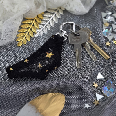Black Mesh Panties Keychain with Gold Stars