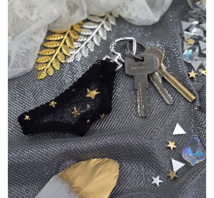 Black Mesh Panties Keychain with Gold Stars