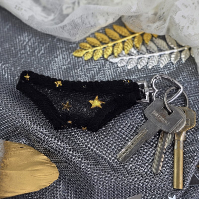 Black Mesh Panties Keychain with Gold Stars