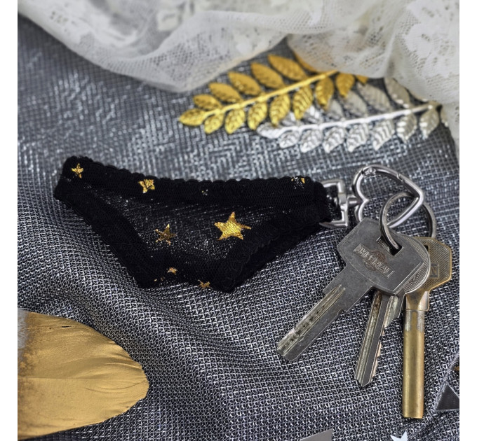 Black Mesh Panties Keychain with Gold Stars