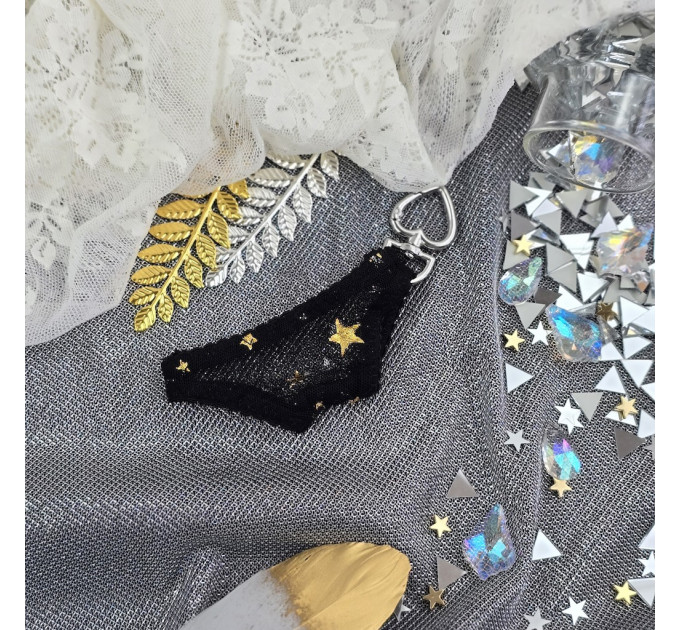Black Mesh Panties Keychain with Gold Stars