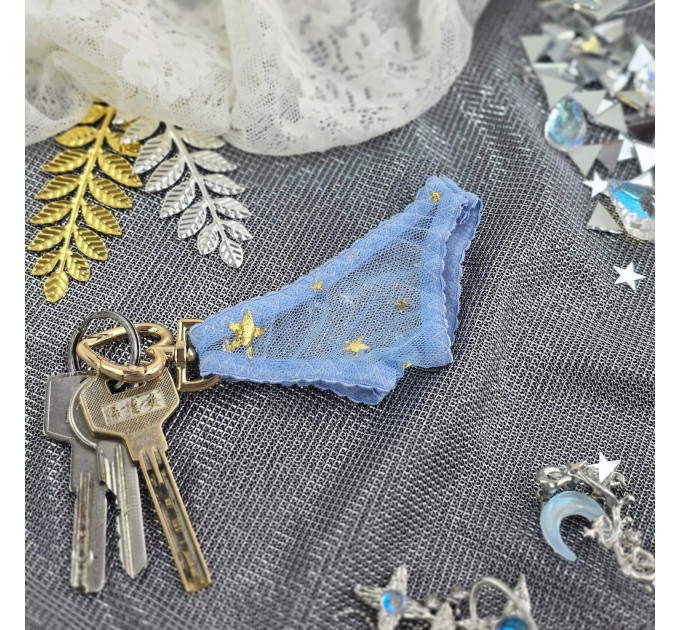 Blue Mesh Panties Keychain with Gold Stars