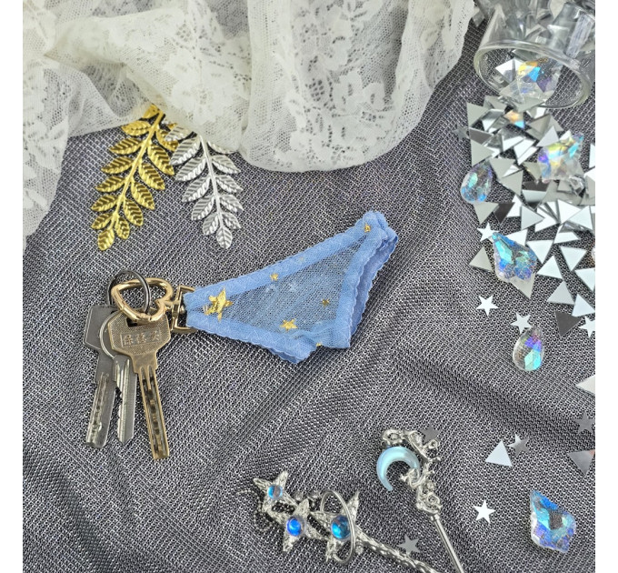 Blue Mesh Panties Keychain with Gold Stars