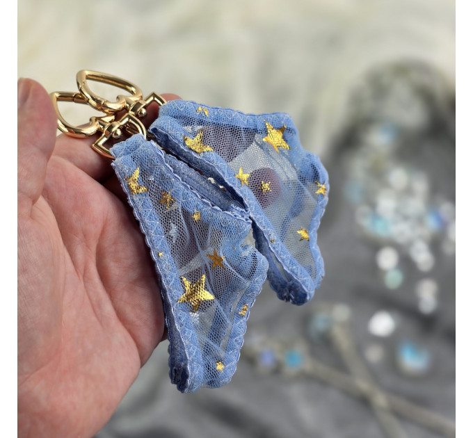 Blue Mesh Panties Keychain with Gold Stars